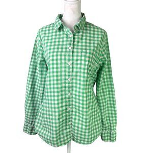 J Crew Women's L Button Up Shirt Green & White Gingham Plaid Blouse Long Sleeve